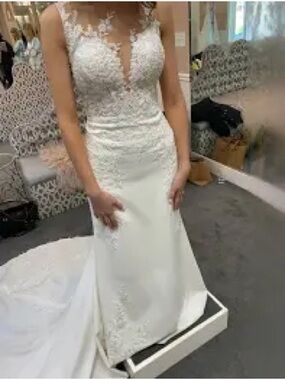 Stella York White Lace Illusion Neckline Sheath Wedding Dress